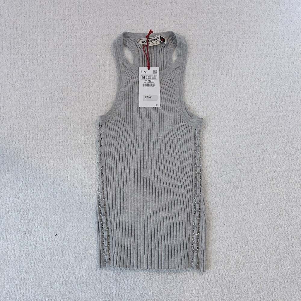 ZARA SRPLS Gray Ribbed Knit Tank Top M Sleeveless High Neck Cotton Ring